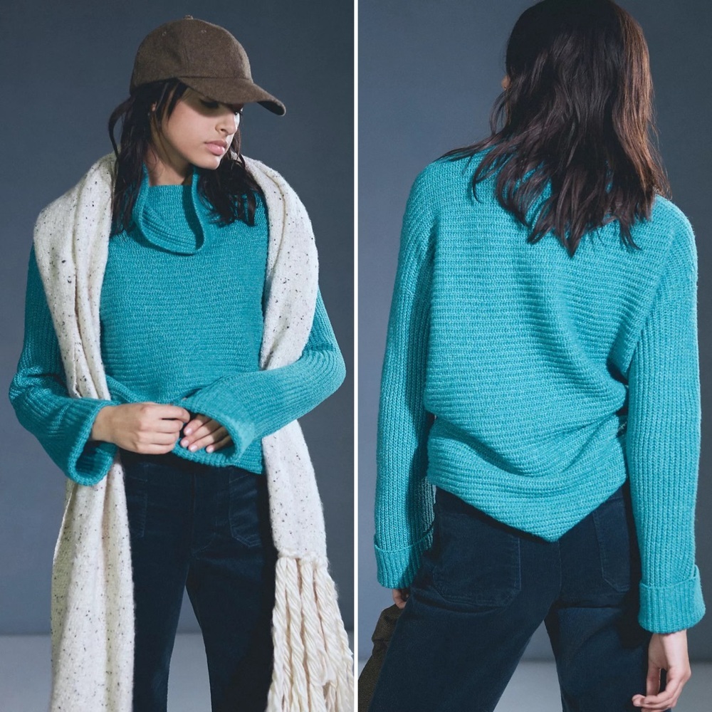 Pilcro Anthropologie Blue Oversized Cowl Neck Cable Knit Sweater Women’s Size XS